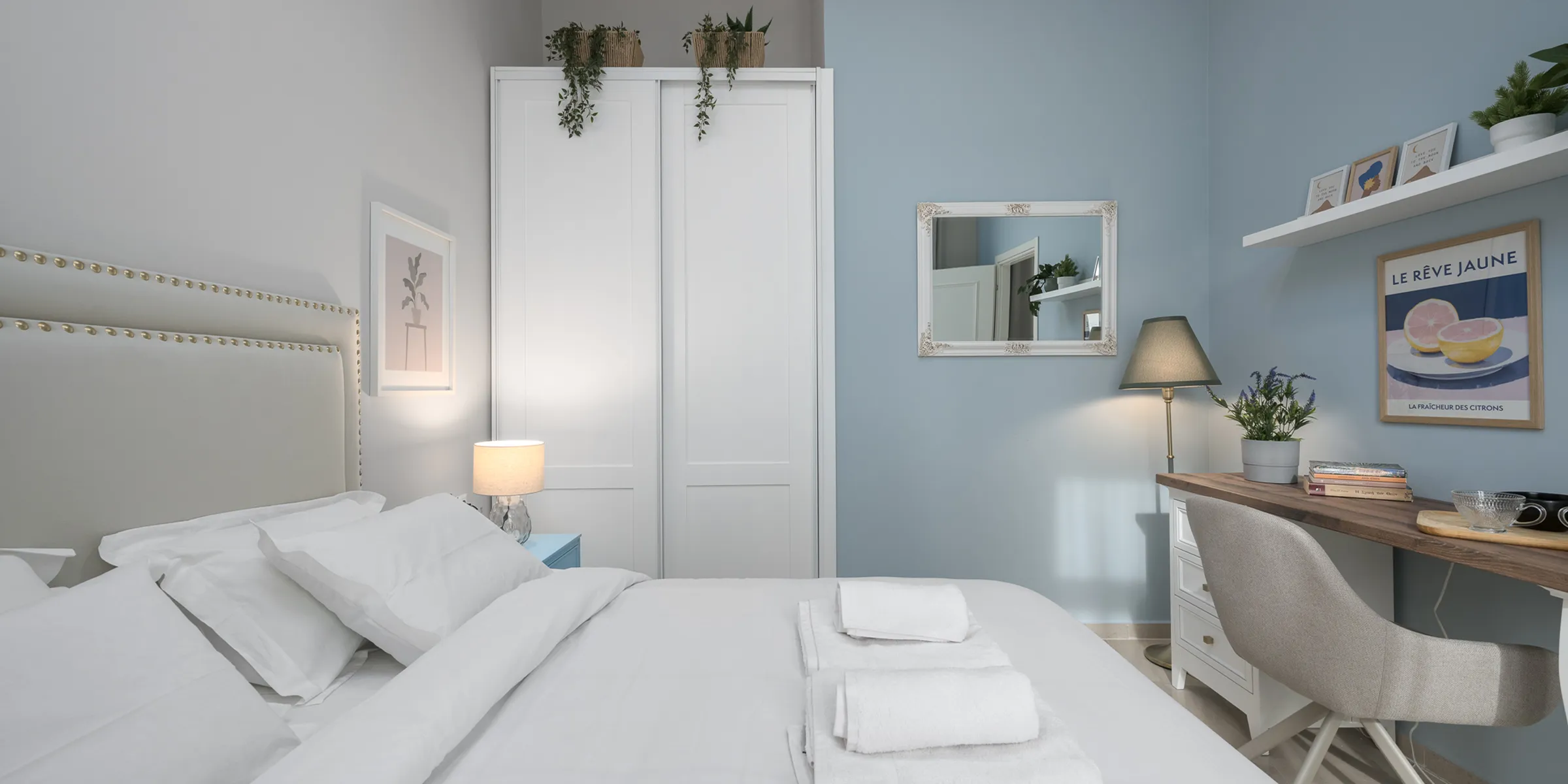 Light blue walls and classic details in the Ant1 property hallway