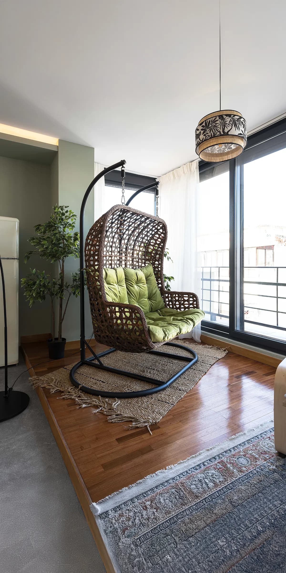 Detail shot of the hanging chair in the Okto Penthouse
